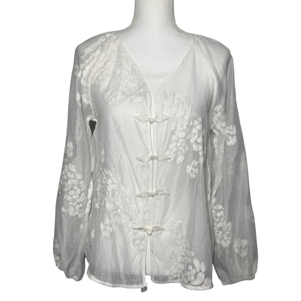 SHEIN Frog Button Floral Embroidered Blouse Size 6 White Excellent Sheer Top - Picture 1 of 6